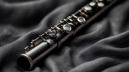 Naklejka premium Silver flute rests on dark fabric, close-up