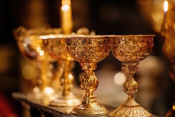A collection of golden goblets arranged on a flat surface, suitable for decorative or ceremonial purposes