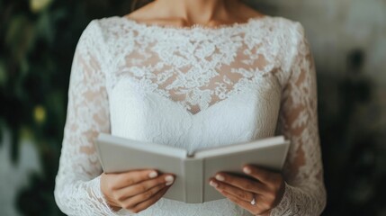 Portrait of a Bride Flipping Through a Wedding Album During a Consultation Treasuring the Captured Memories and Precious Moments Preserved Within the Pages as She Prepares for Her Upcoming Nuptials