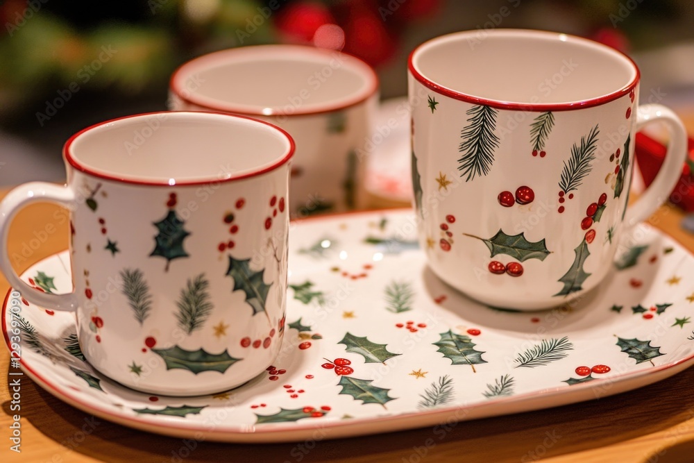 Poster a set of two coffee cups and a saucer placed on a tray, perfect for serving or displaying