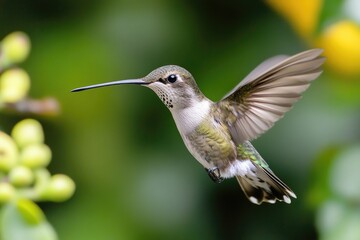 Fototapeta premium A hummingbird in mid-air with its wings spread out, ready to land