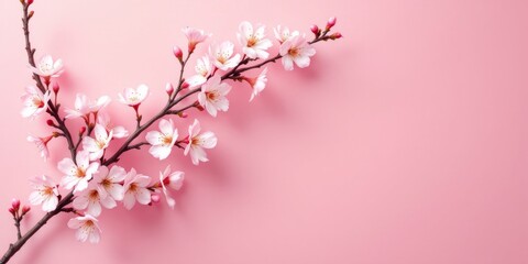 Cherry blossom branch on soft pink background with delicate spring flowers. Floral banner with copy space for wedding, Mother's Day, or Women's Day. Greeting cards in a springtime flat lay style.