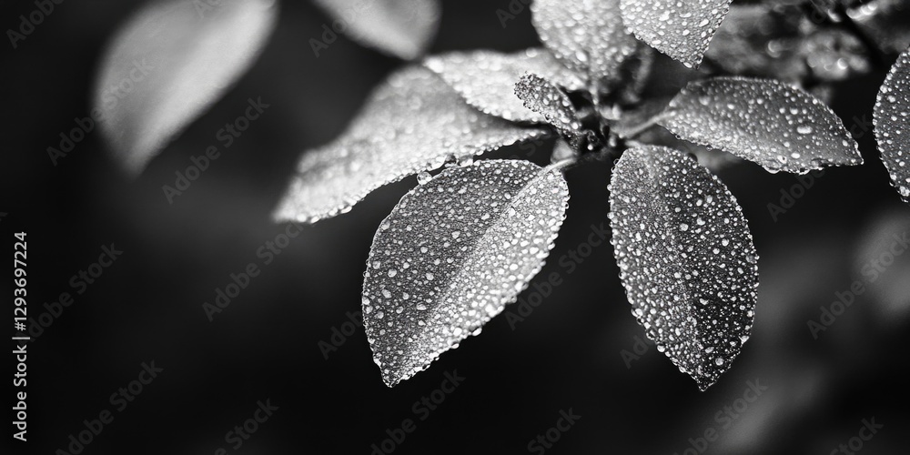Poster black and white image of water droplets on leaves, great for use in editorial or commercial contexts