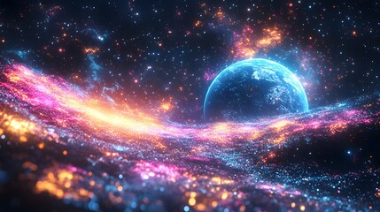 Obraz premium Colorful galaxy with a blue planet in the middle. The planet is surrounded by a lot of stars and the galaxy is full of bright colors