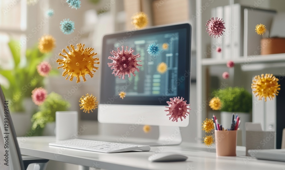 Poster virus floating around a computer workstation office.