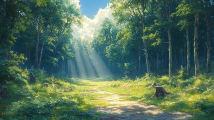 Obraz premium Sunny forest path, sunlight beams through trees