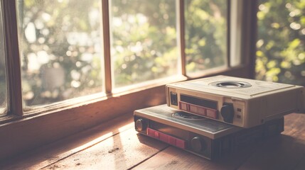 A cozy 80s-inspired living room with a vintage television, VHS tapes stacked beside it, warm orange lighting, a nostalgic atmosphere, give negative space, stock assets