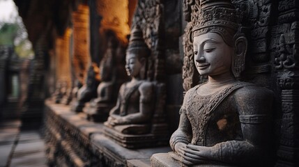 Obraz premium Serene Stone Statues of Buddha in Ancient Temple Grounds