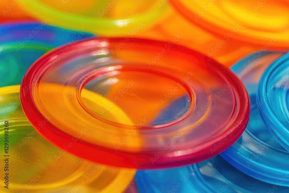 Poster A collection of colorful plastic frisbees in a tight cluster, great for use as a symbol or prop in your image