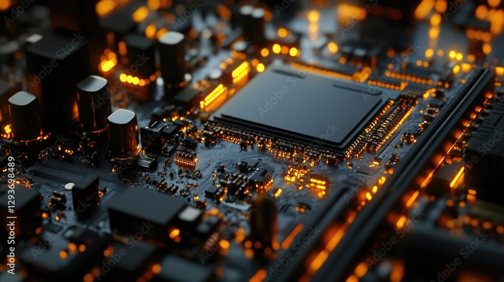 Poster a detailed view of the internal components of a computer motherboard