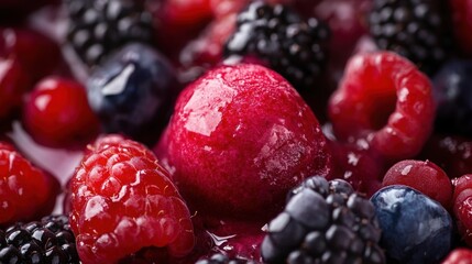Fruit ice cream with visible pieces of berries . 