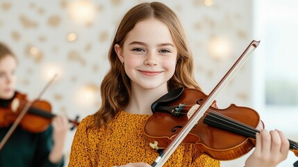 Smiling young girl learns to play the violin with patient guidance from a supportive instructor in a cozy warm music studio setting capturing the joy and growth of musical development