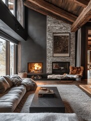 Fototapeta premium A warm cozy living room features a fireplace and soft rug
