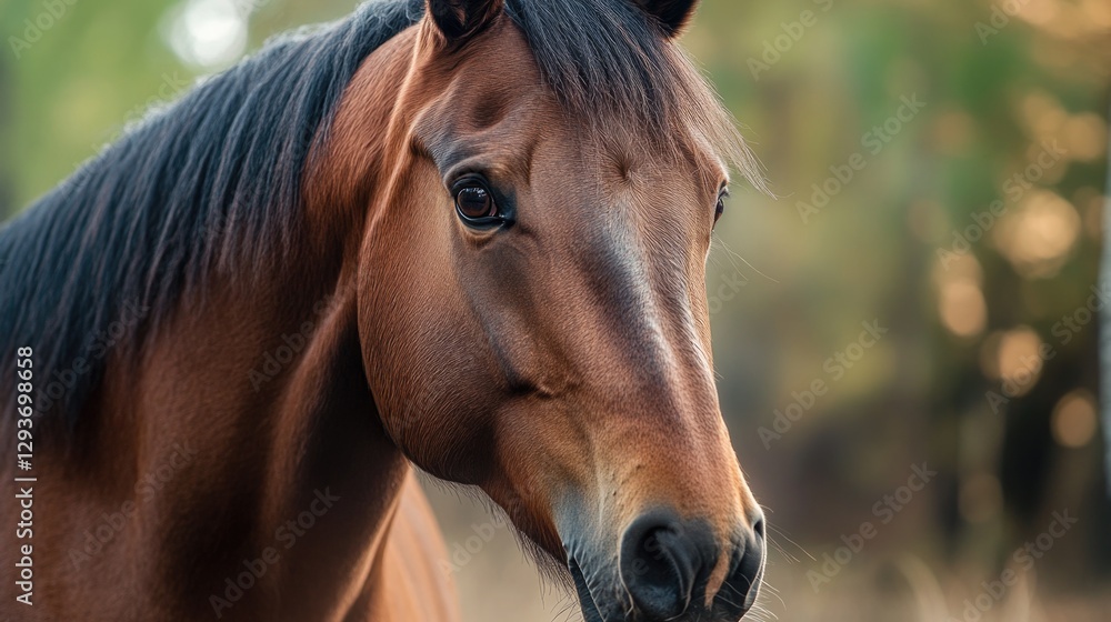 Poster a close-up shot of a horse's face with trees in the background