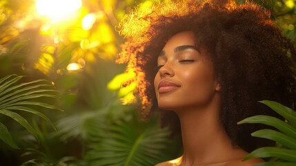 Woman enjoys tranquility and nature amidst lush greenery during sunset in a tropical setting