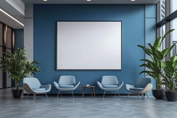 Large Blank Poster Mockup on Office Wall – Blue & White Theme, Modern Hospital Waiting Room