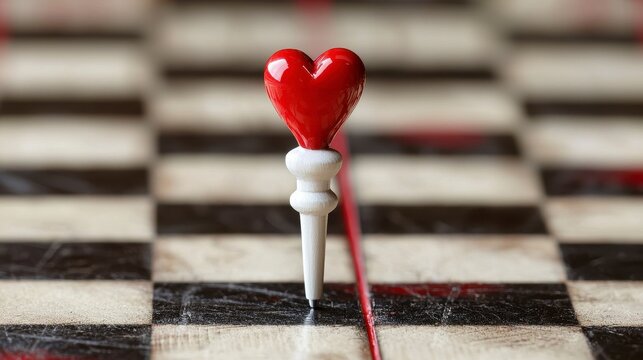 A captivating image showcases a striking red heart chess piece poised elegantly on a classic black and white checkered chessboard, symbolizing love, strategy, and the game of life, inviting viewers