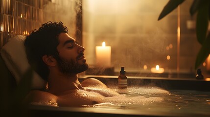 Relaxed Man Enjoying Spa Experience in Candlelit Bath Environment