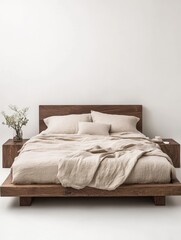 A minimalist wooden bed sits on a white background with linen