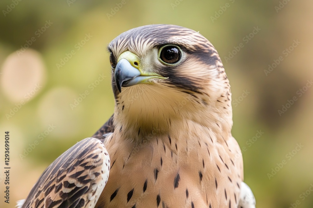 Poster a close-up shot of a bird of prey's face, with sharp features and piercing eyes