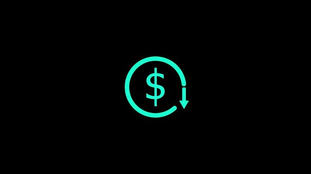 Dollar down icon symbol.Dollar price collapse. Dollar price fall.Money reduction icon. Dollar currency price drop concept. circle with down arrow moving animation