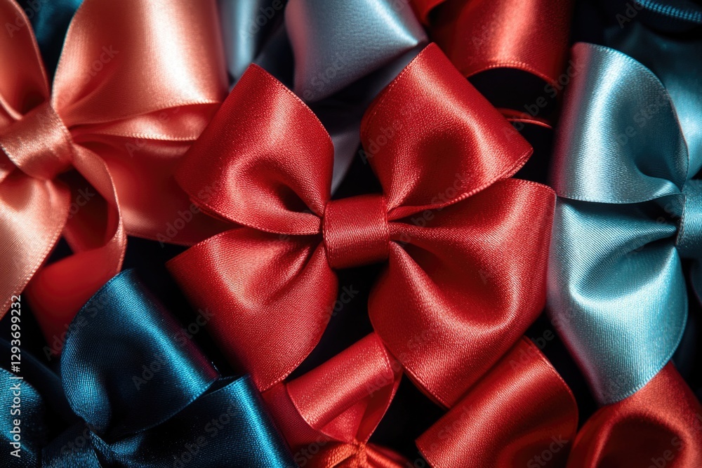 Poster a close-up view of a cluster of bright red and blue bows, ideal for decorating occasions or adding a