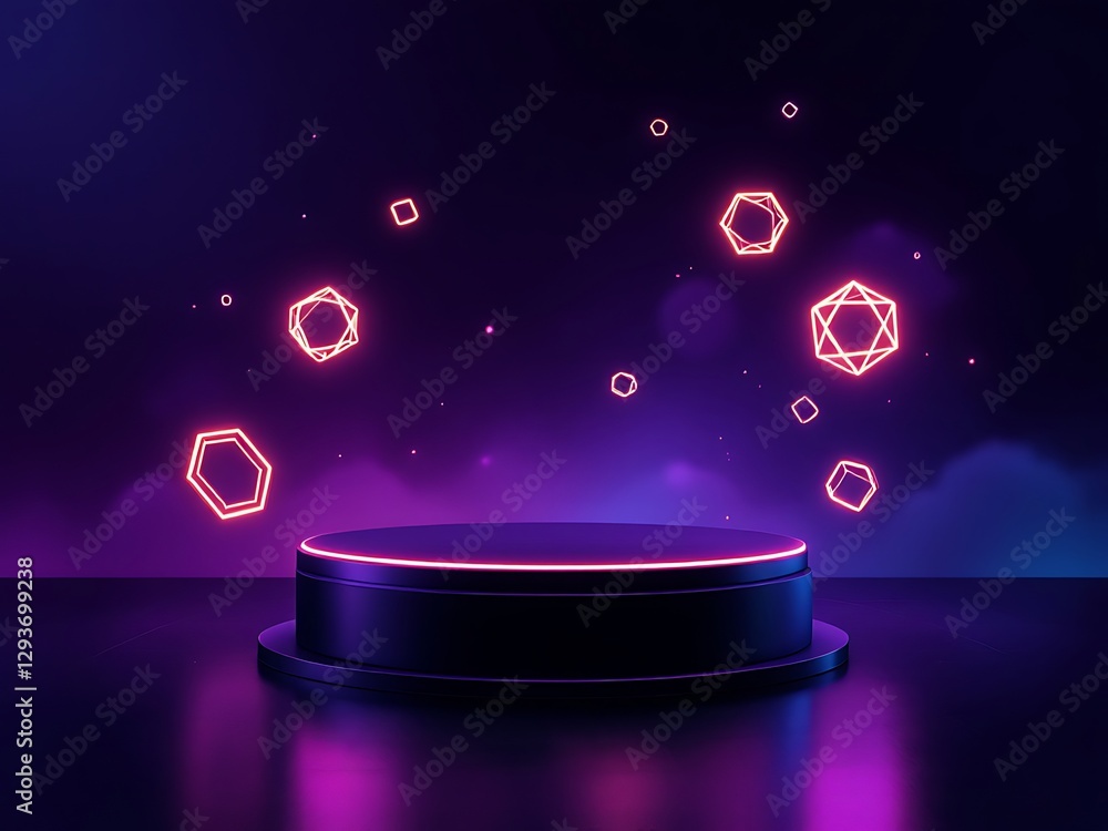 Poster neon geometric forms ascending over a circular stage platform illuminated by ambient light