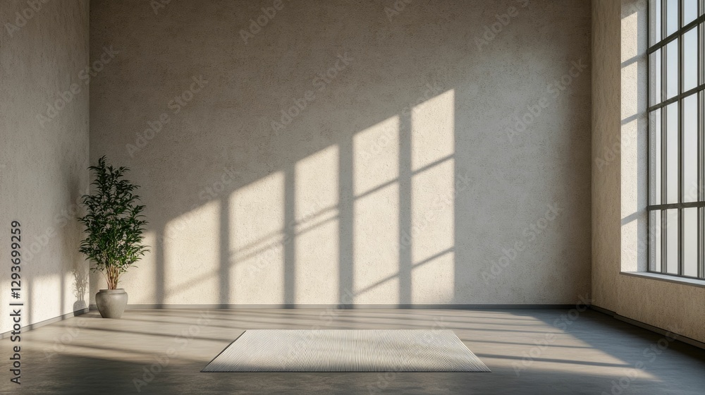 Poster sunlight streams through the windows casting a serene and tranquil ambience in this minimalist yoga 