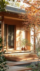 Sunlit wooden house entrance with autumn foliage.