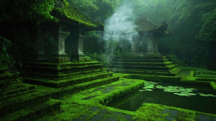 Ancient ruins enveloped in lush greenery, shrouded in mysterious