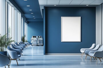 Large Blank Poster Mockup on Office Wall – Blue & White Theme, Modern Hospital Waiting Room