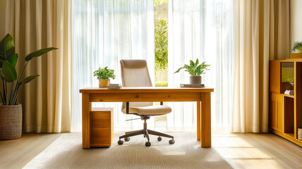 Home office with natural oak desk and minimalistic design. Space is filled with natural light streaming through large windows. The workspace is perfect for concentration, creativity, comfort