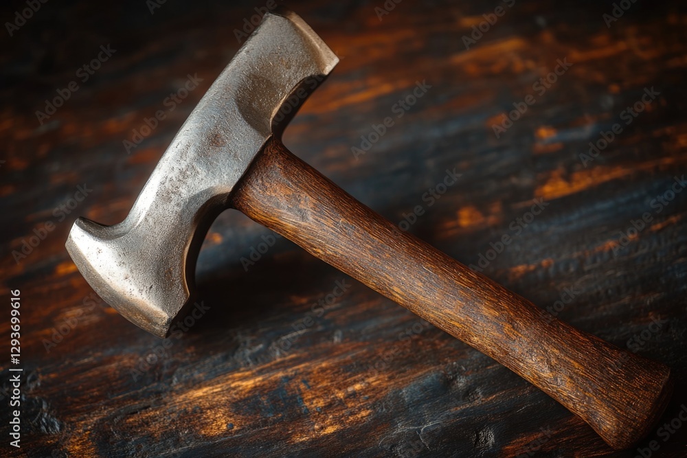 Poster A close-up of a hammer with a wooden handle placed on a table, suitable for use in DIY or tool-related projects