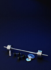Barbell and dumbbells on dark background in gym setting, 3D rendered illustration