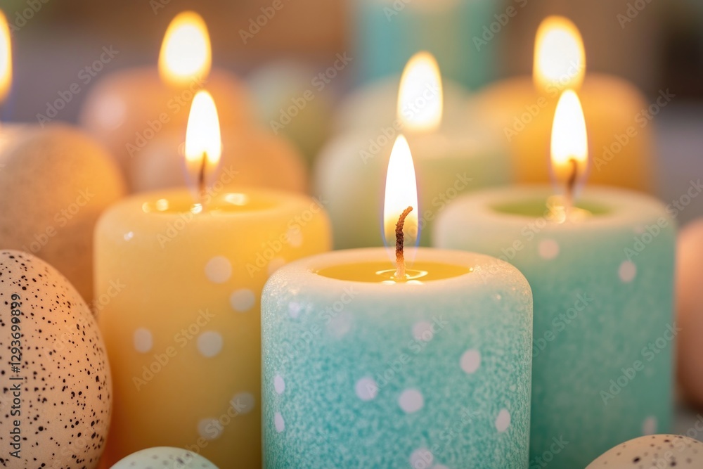 Poster a close up shot of multiple lit candles in different shapes and sizes