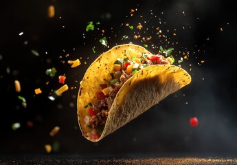 Delicious taco flying in mid-air, spice explosion