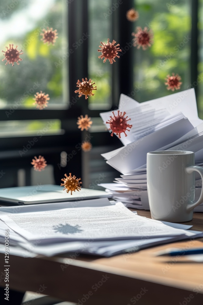 Poster virus particles hover over a work desk