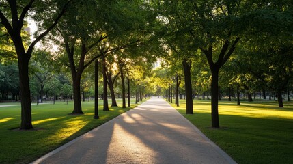 Fototapeta premium Urban city park with soft dappled morning light filtering through trees.