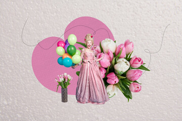 Composite sketch trend collage of nature spring international woman day tulip bouquet retro style dress young lady stand hold air balloons