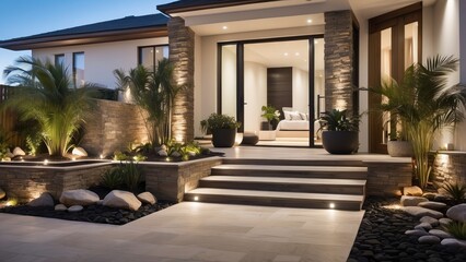 2. "Modern House Exterior Lit Up Against a Dusk Sky"