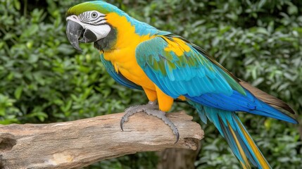 Obraz premium Vibrant blue-and-gold macaw perched on a weathered log, set against a lush green backdrop.