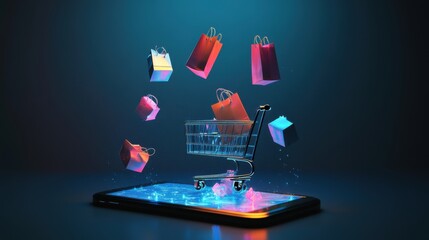 Digital Shopping Experience with a Shopping Cart Surrounded by Colorful Shopping Bags Emerging from a Smartphone Screen in a Futuristic Setting