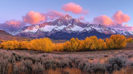 Obraz premium Mountain Sunrise, Autumn Colors, Snowy Peaks