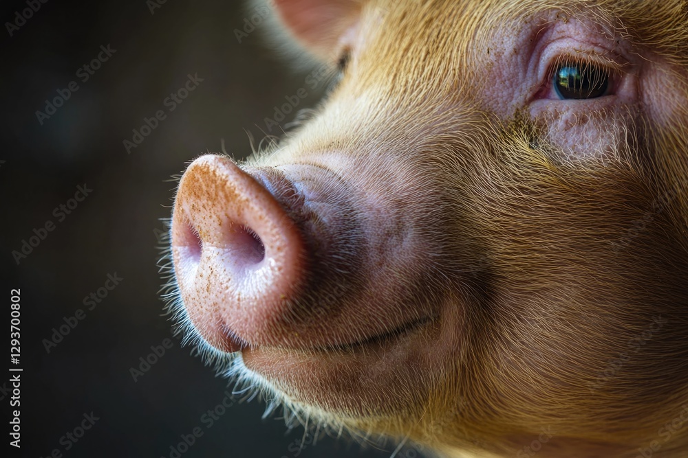 Poster a close-up shot of a pig's face with a blurred background