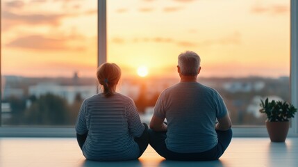 Fototapeta premium Elderly Couple Practicing Beginner Yoga Together in Their Living Room with Soft Lighting During Peaceful Sunset Moment at Home
