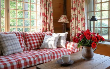 A cozy country style interior with distressed wood furniture, a large red checkered throw on the sofa, bold red floral curtains, and vintage lanterns adding