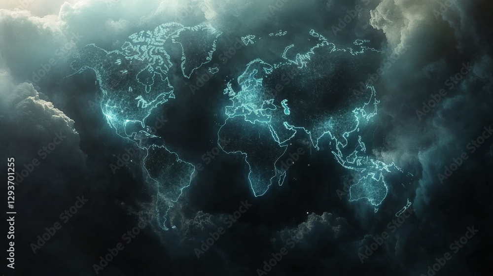 Poster Abstract glowing world map created with digital lines and nodes, surrounded by dark clouds, symbolizing global network, technology, and interconnected systems.