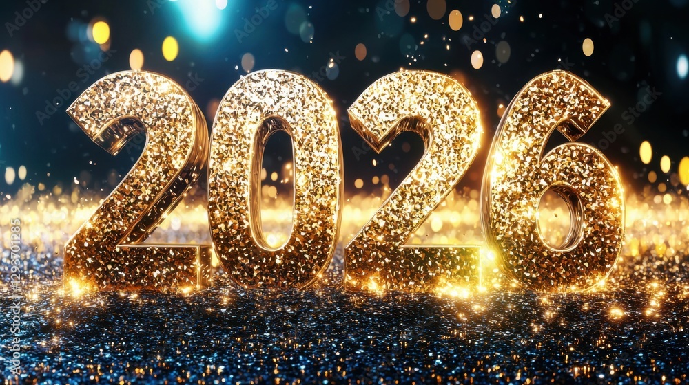 Poster sparkling golden numbers 2026 on a glittering festive party background with shimmering lights bokeh 