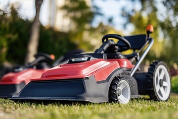 A red lawn mower sitting on a lush green field, suitable for editorial or advertising use