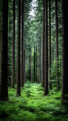 Naklejka premium A forest filled with lots of tall trees and green grass